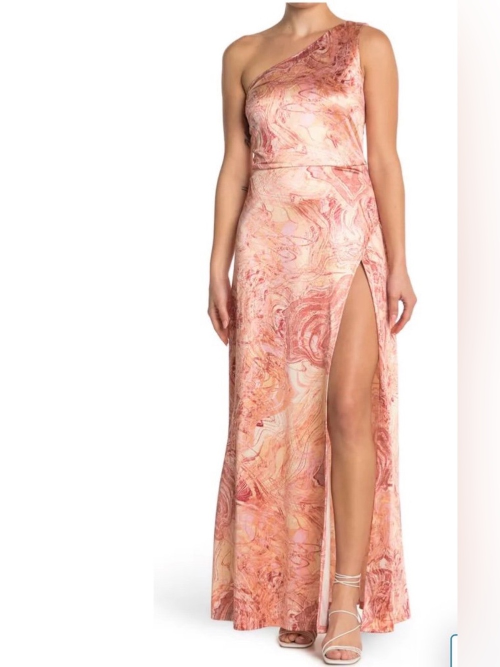 LOVE X DESIGN Pink Marble One-Shoulder Maxi Dress with High Slit